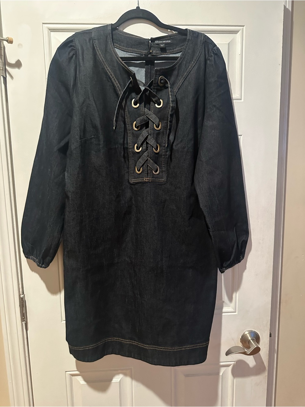 Boston Proper Blue Lace-Up Long Sleeve Denim Shift Dress